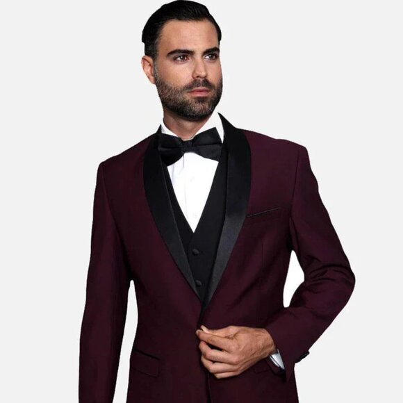 Statement Men's Burgundy With Black Lapel Vested 100% Wool Tuxedo - Picture 1 of 2